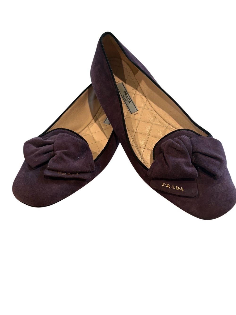 PRADA- Plum Suede Bow Flats, Shoes with Gold Logo. Size EU 38 / US 8